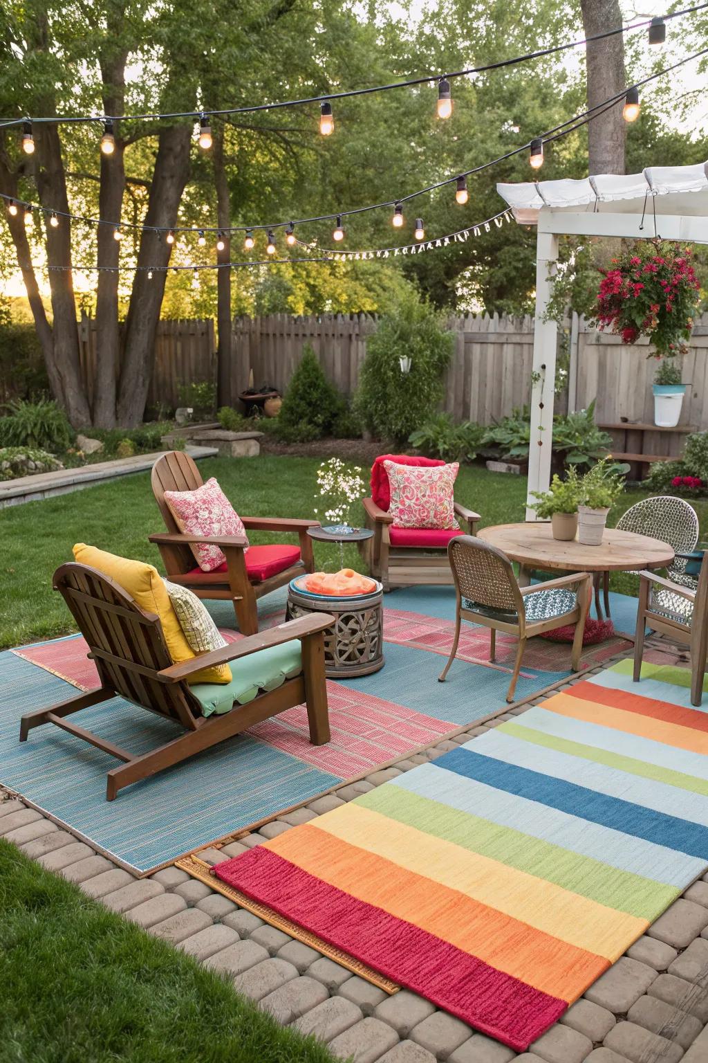 Outdoor rugs define space and introduce color.