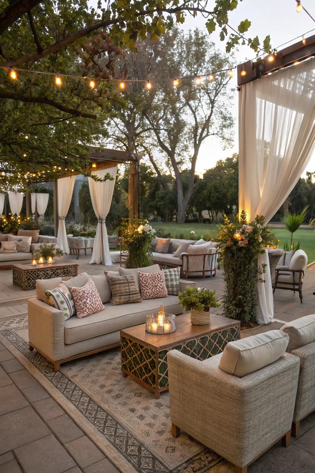 A chic and comfortable open-air lounge space for party guests.
