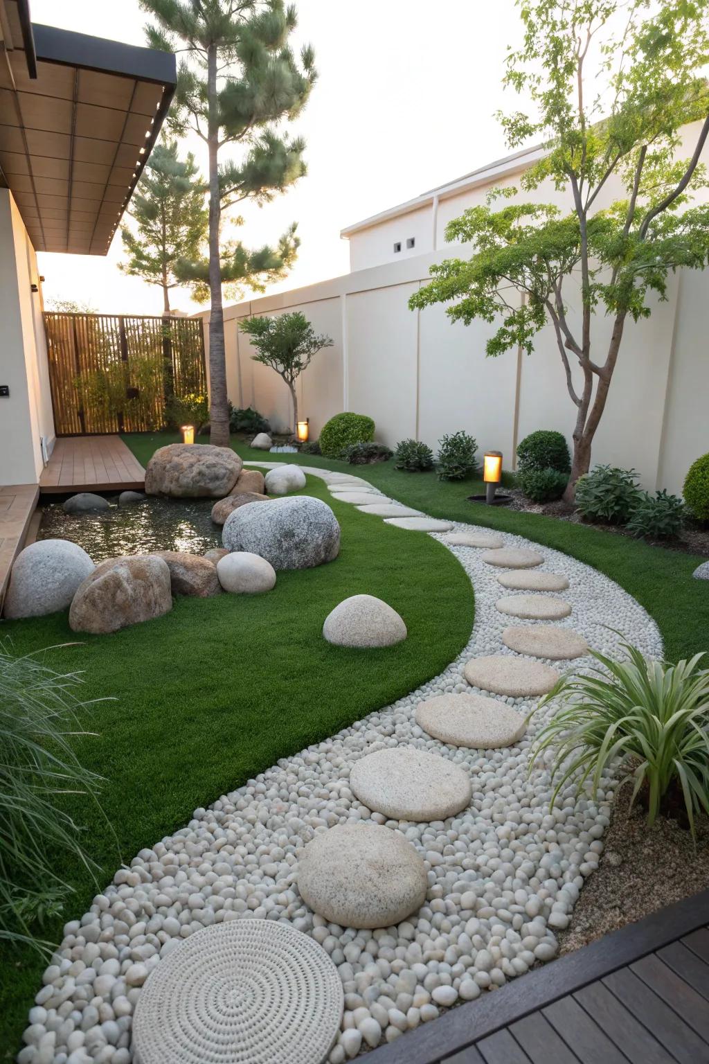 A peaceful Zen garden with verdant turf.