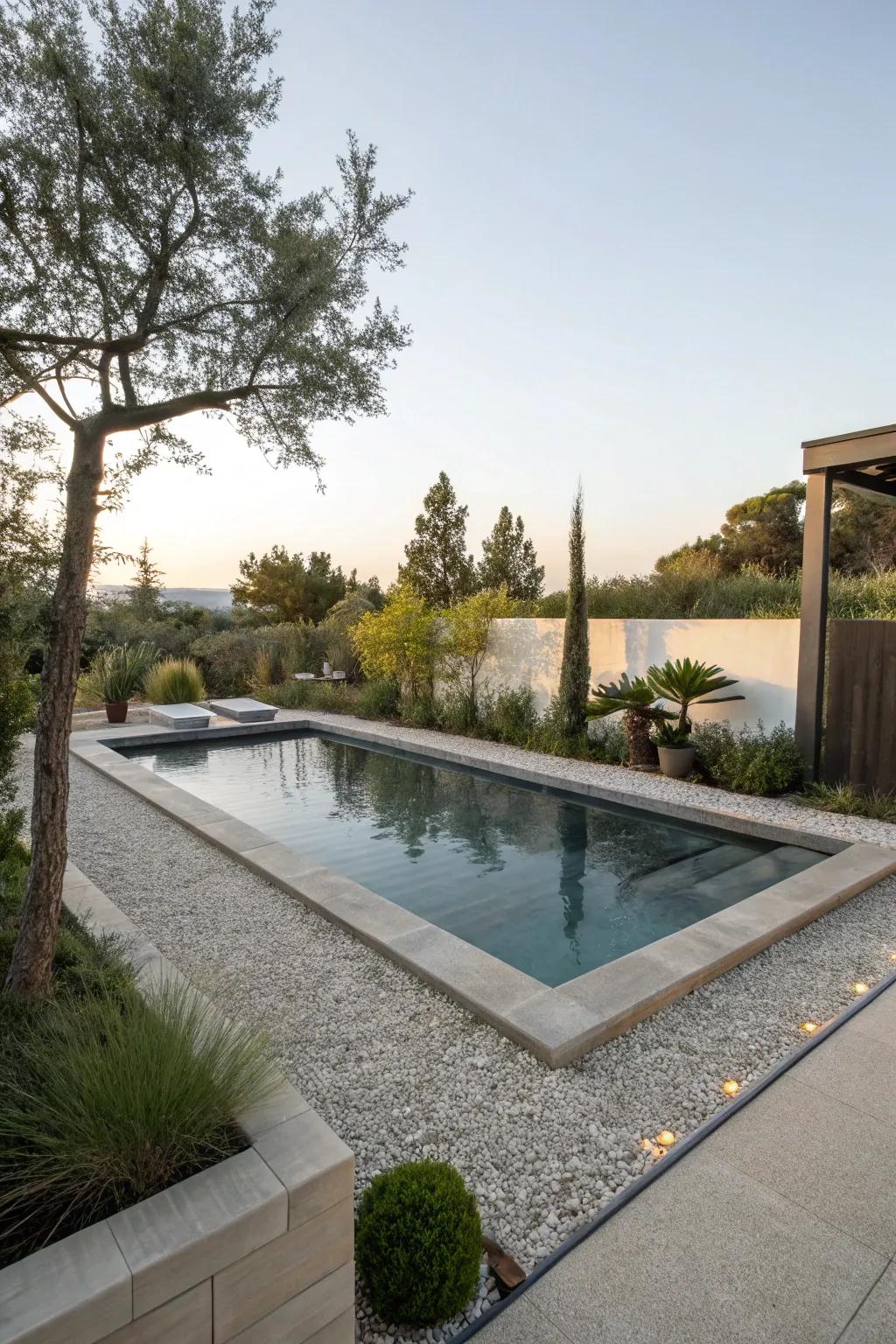 Small gravel introduces a chic, textural perimeter to your pool area.