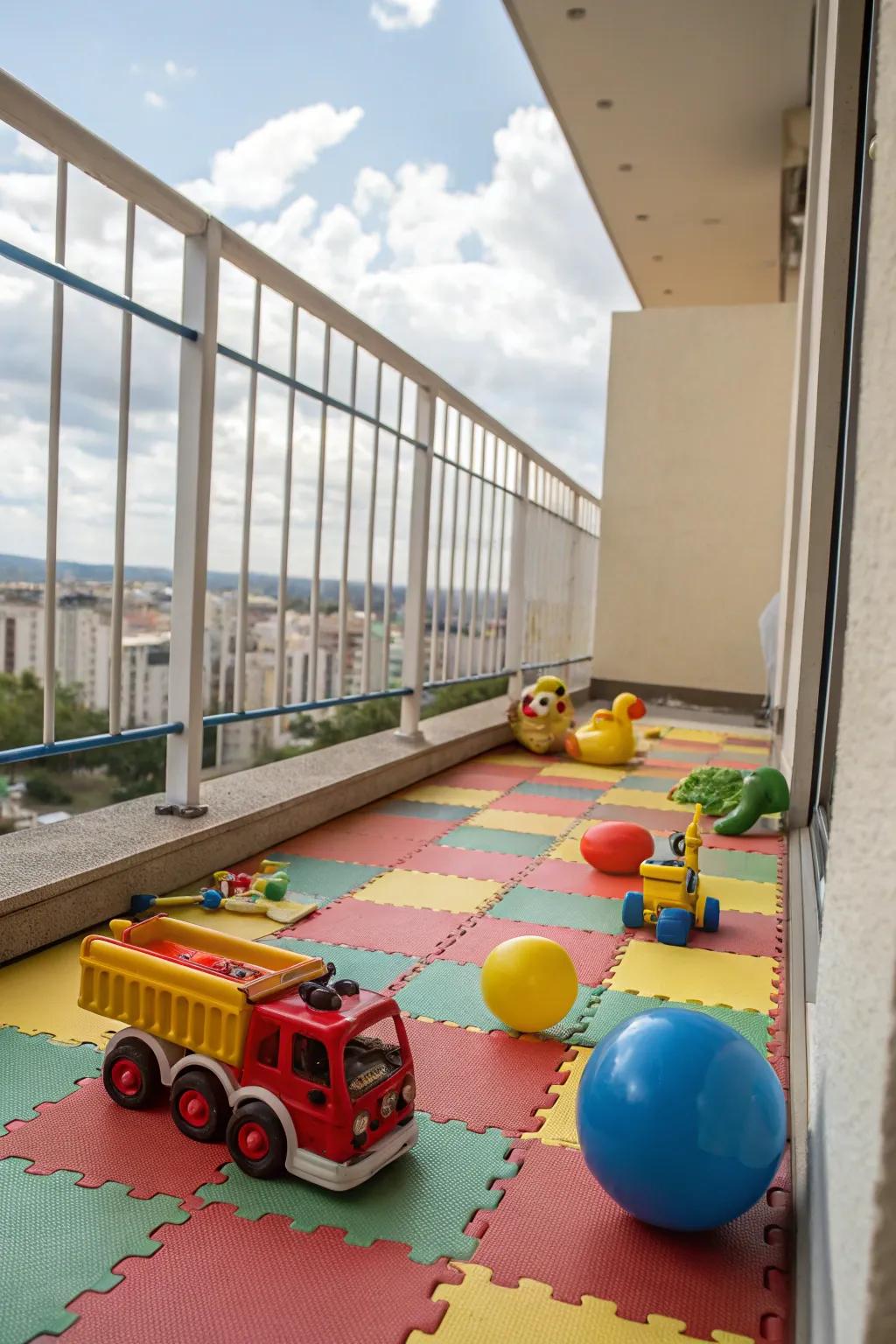 Rubber flooring provides a safe, impact-absorbing surface ideal for family-friendly balconies.