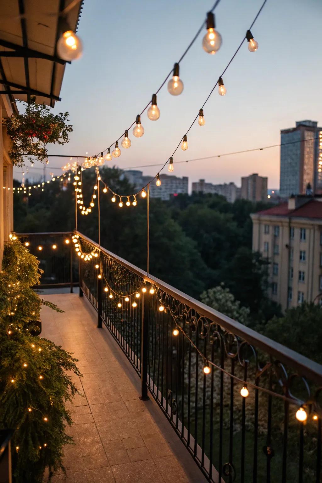 Festive illumination brings a festive and lively vibe to any balcony setting.