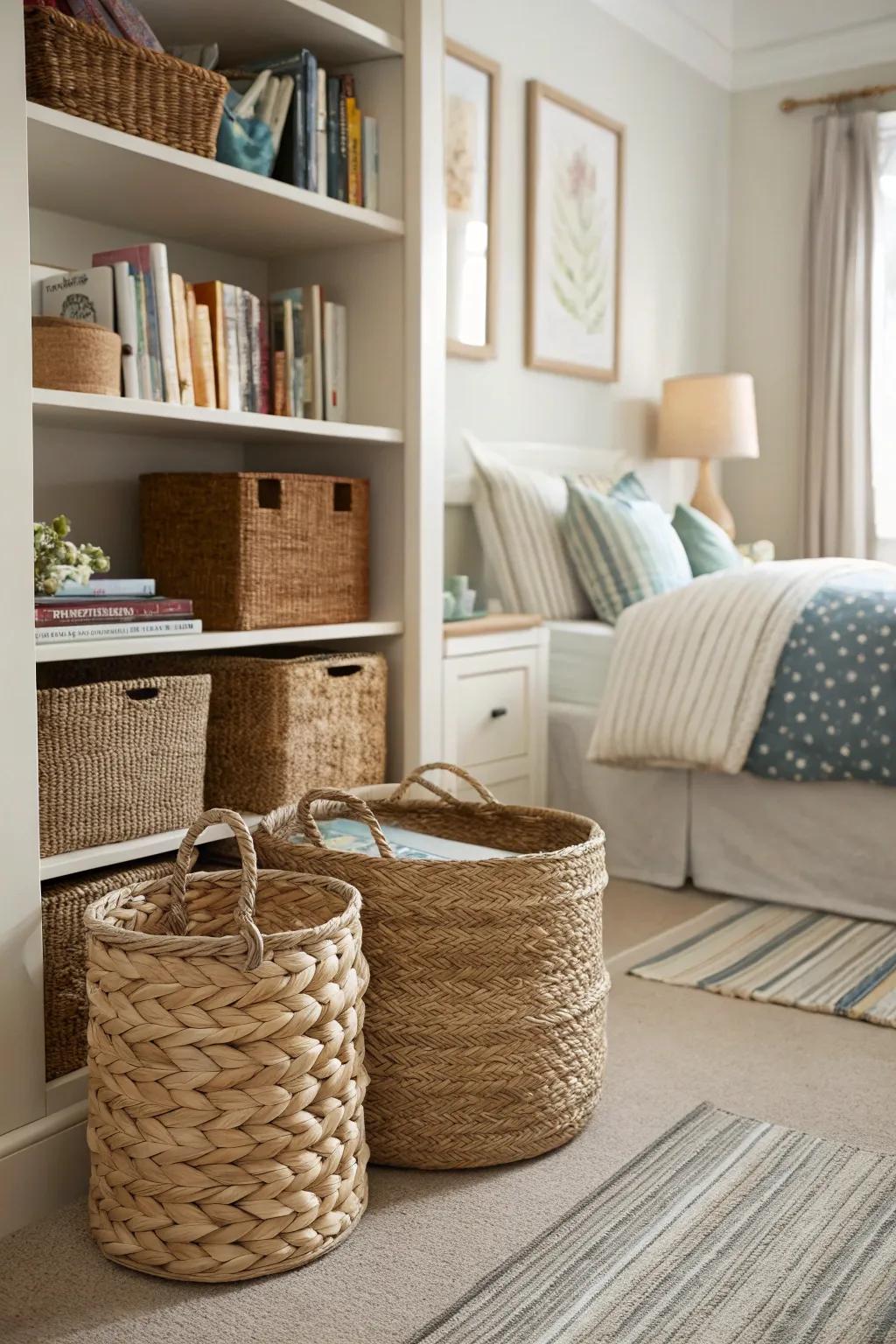 Woven receptacles blend function with rustic charm.