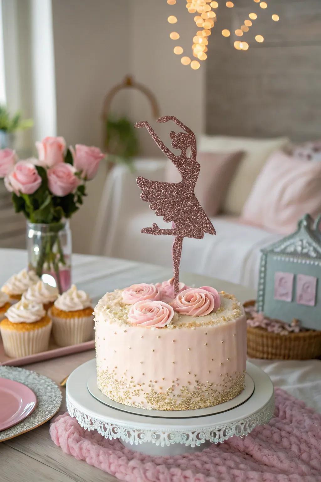 A sparkling topper introduces sparkle and glamour to the cake.