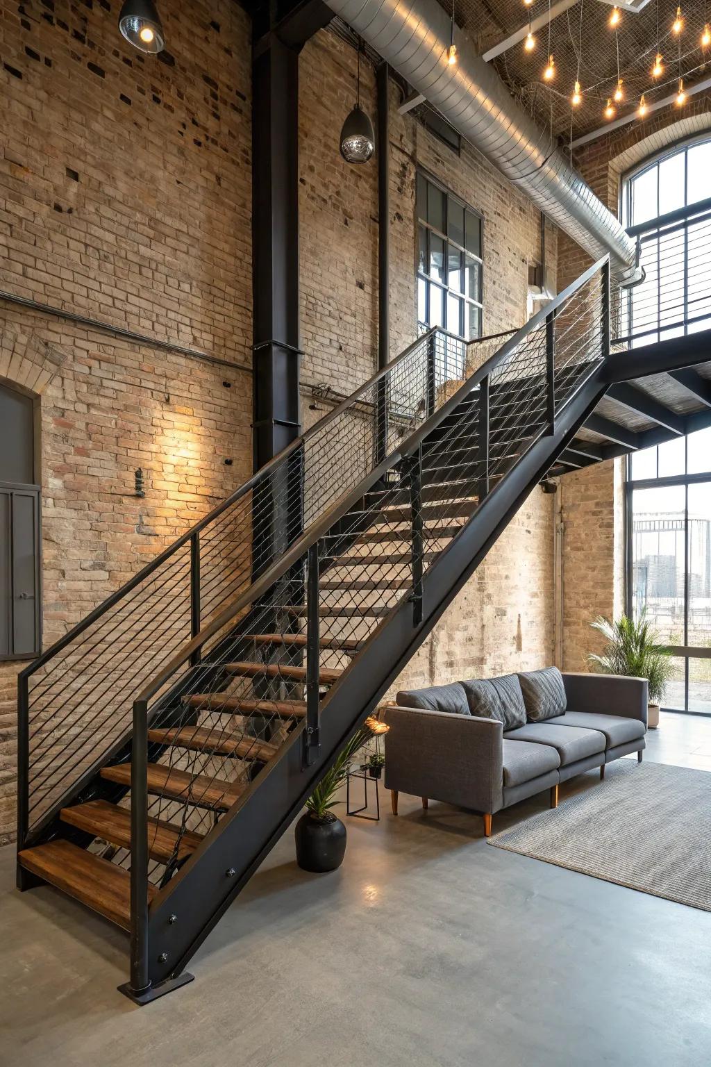 Bold and modern through industrial steel staircase rails.