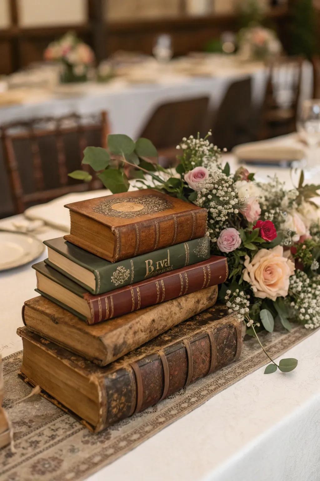Vintage books infusing character into the centerpiece.
