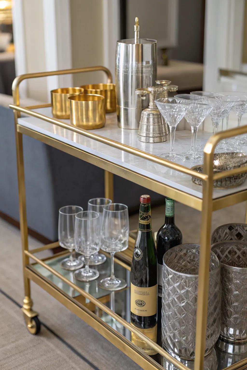 Glamorous metallic accents elevate the bar.