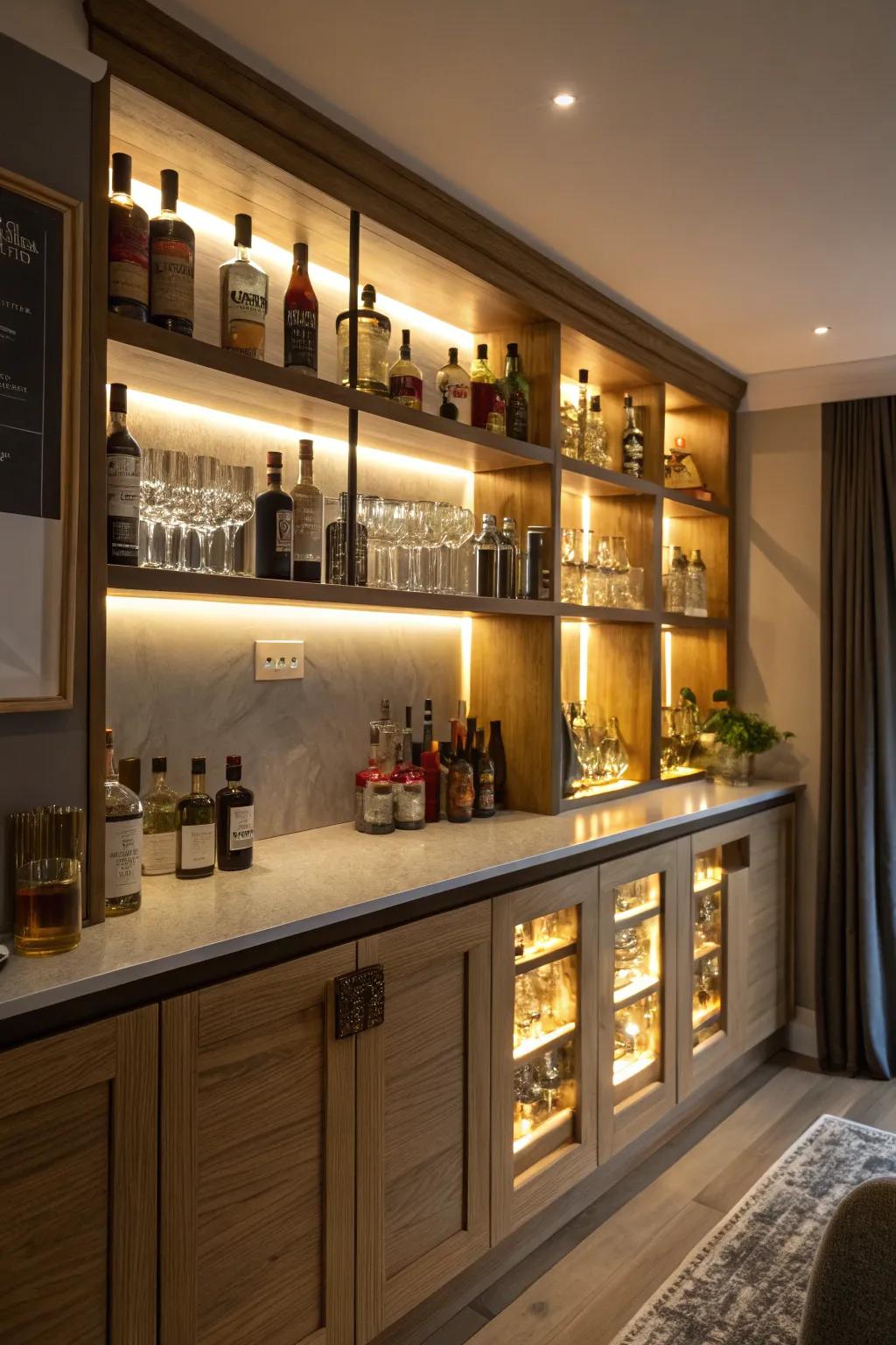 Hidden lighting subtly enhances shelf displays.