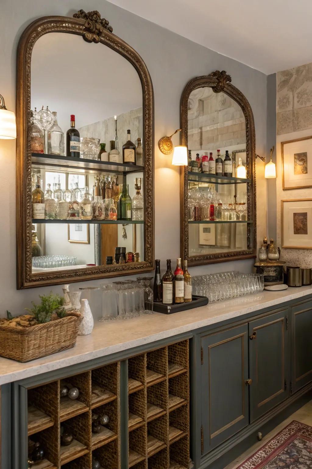 Vintage impressions with antique mirrors and racks.