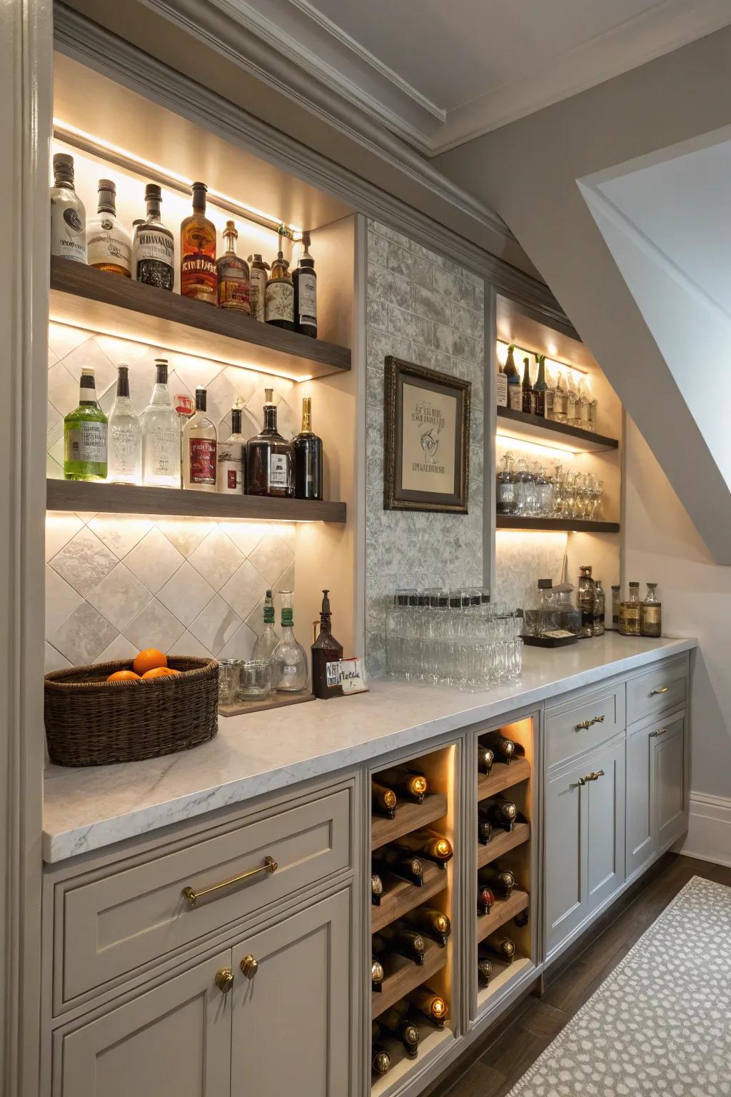 Concealed shelves offer a streamlined storage solution.