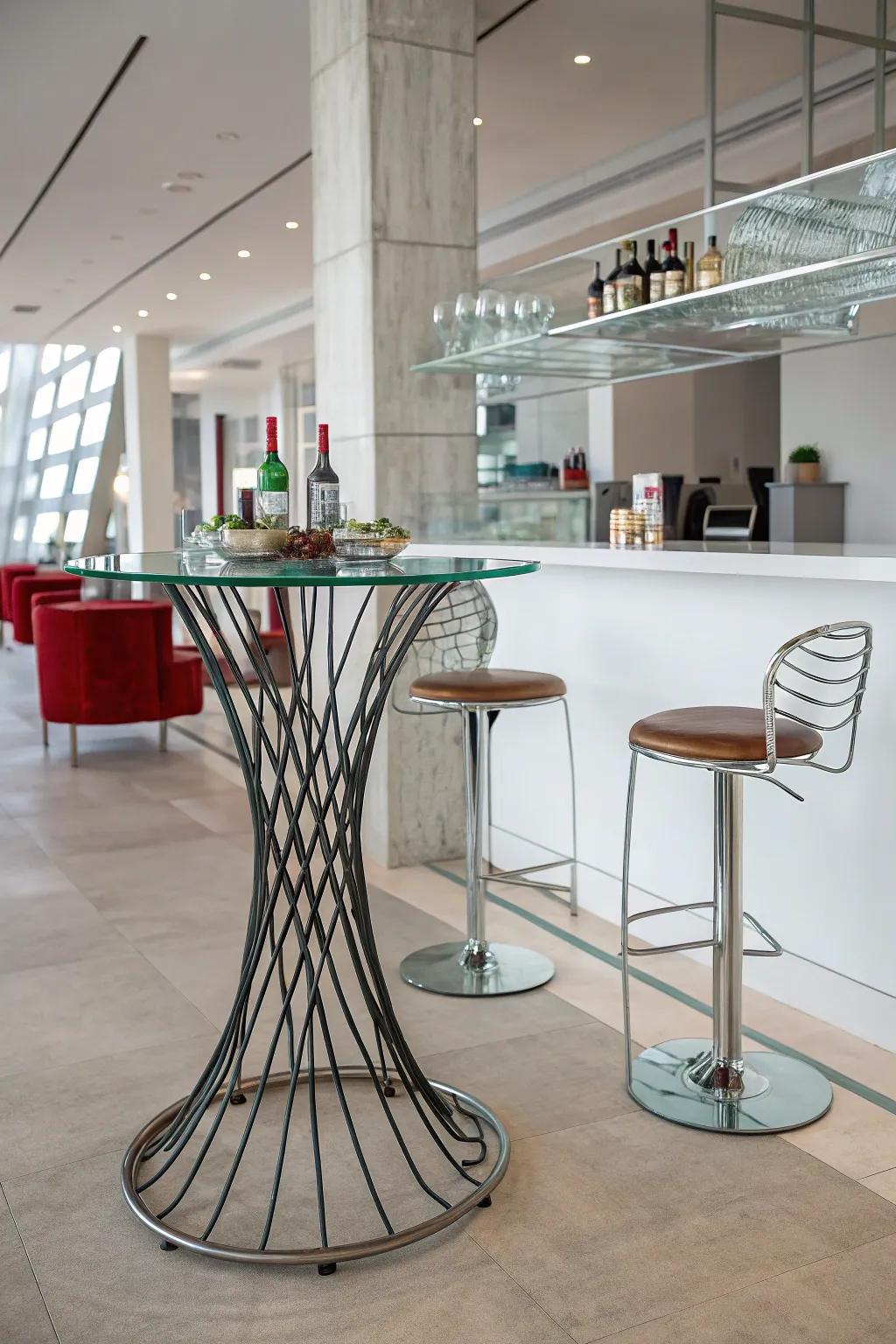 Eclectic bar table blending varied materials for a unique look.