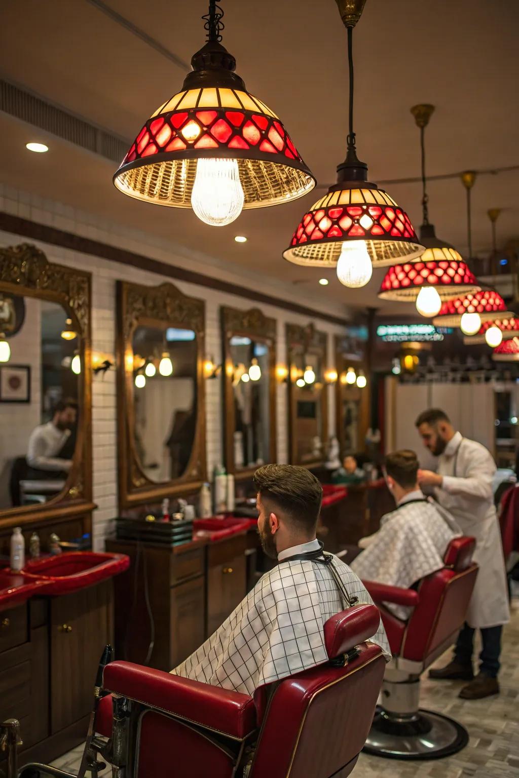 Pendant lights with a distinctive touch lend intrigue to a barbershop.