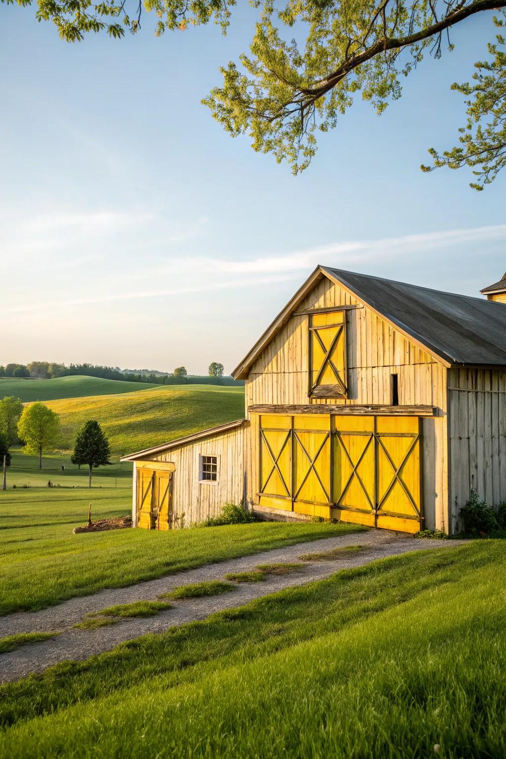 A barn with sunny yellow accents that sends a cheerful vibe to the setting.
