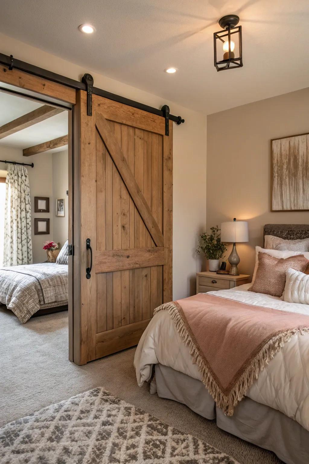 Natural timber shades create a warm ambiance in this cozy bedroom.