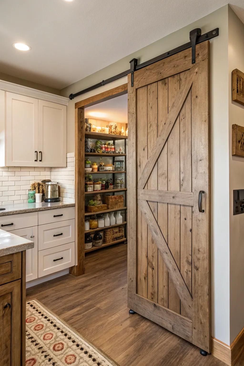 A kitchen featuring a sliding barn door pantry showcasing lap siding texture.