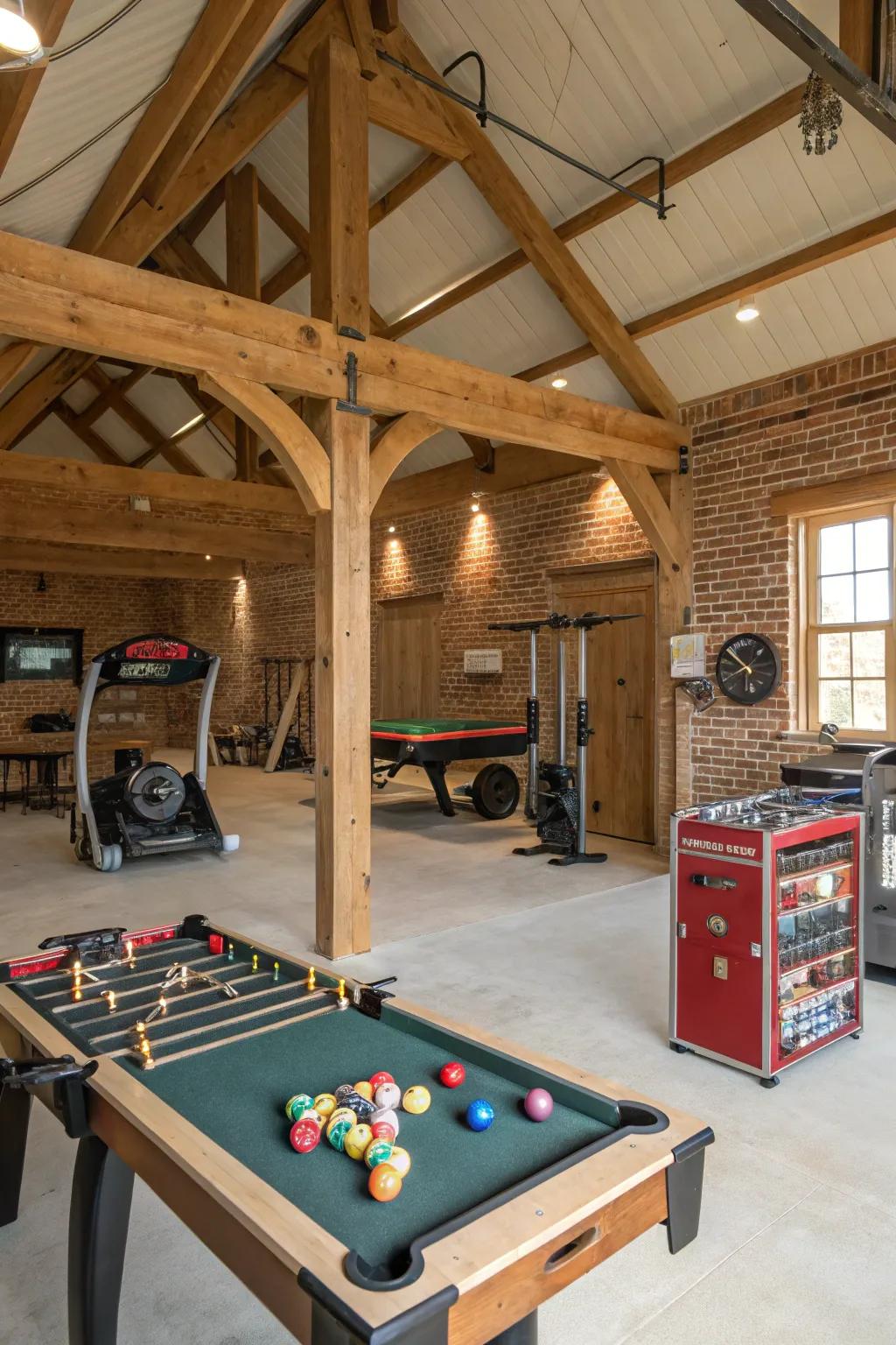 A fun area adds fun and workout chances to this barn garage.