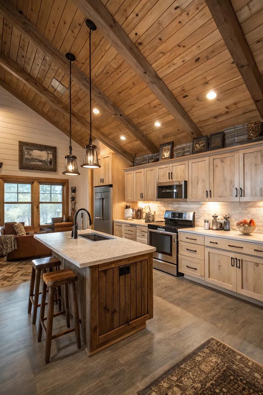 A plank style ceiling infuses warmth and structural interest.