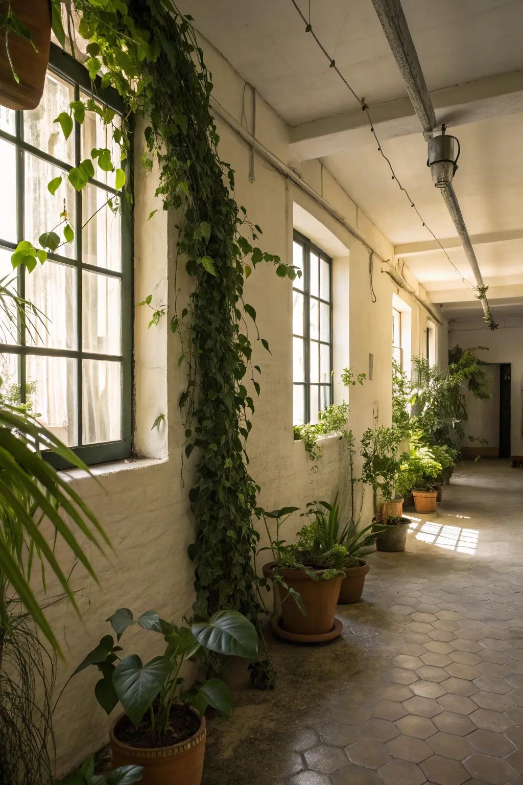 Make a calm and natural feel with plants and wood textures.