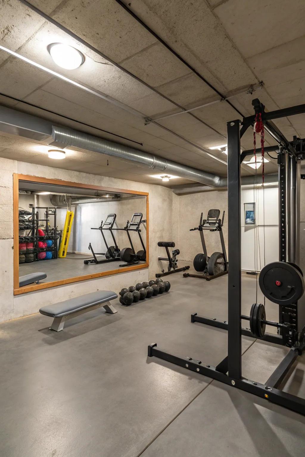 Concrete floors in a home gym offer durability for heavy equipment and high activity.