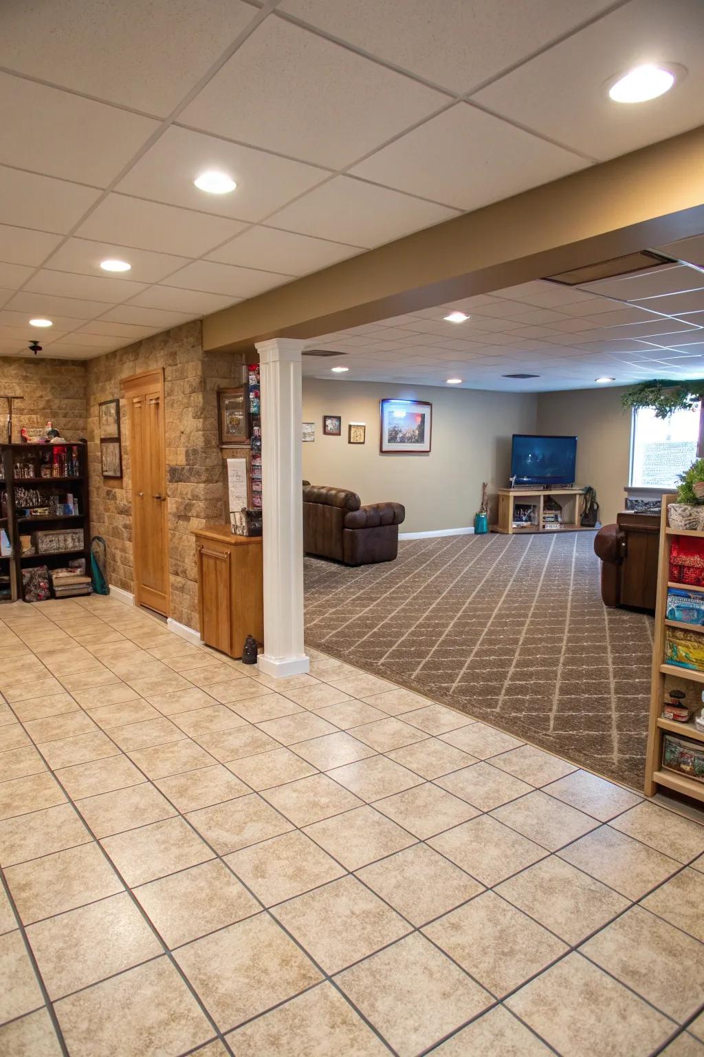 Block and carpet combinations offer practical zoning in basements.