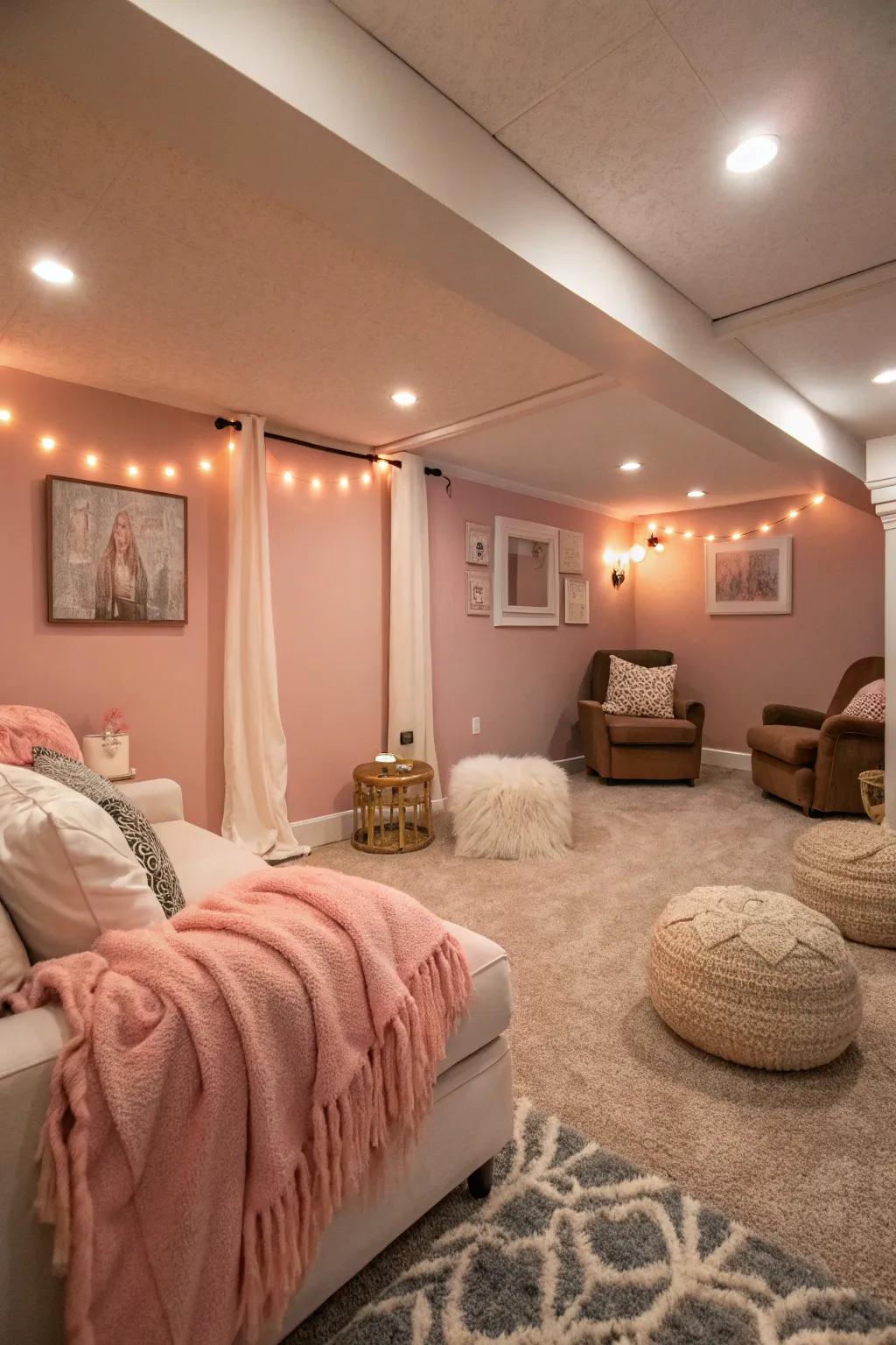 Rose pink walls add a soft, romantic touch to this cozy basement.