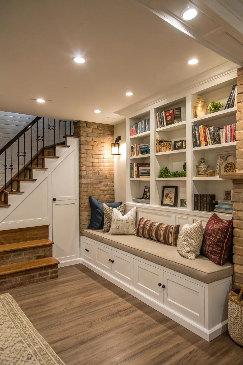 A versatile and useful area is created with multi-functional seating and shelving.