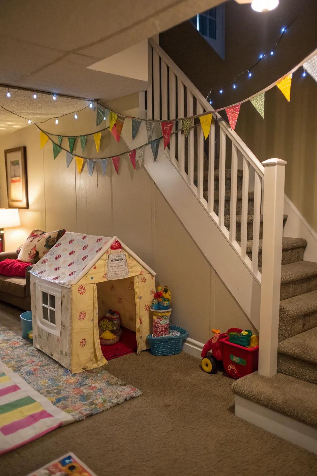 An under-steps fun zone is a whimsical retreat for kids.