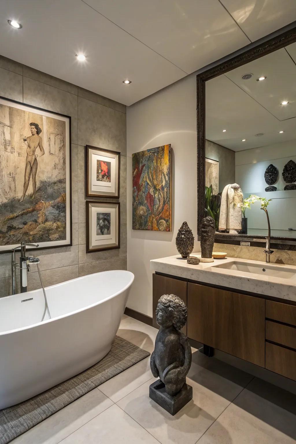 A bathroom adorned with artistic features, adding a personal and sophisticated touch.