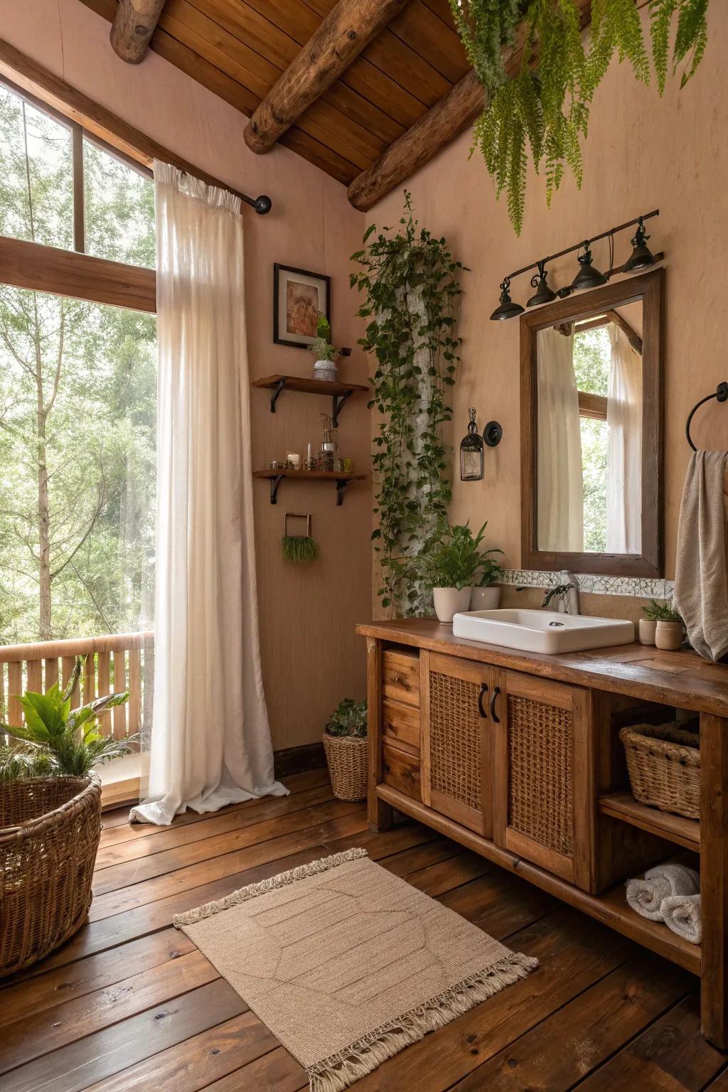 Turn your bathroom into a cozy woodland retreat using raw materials.