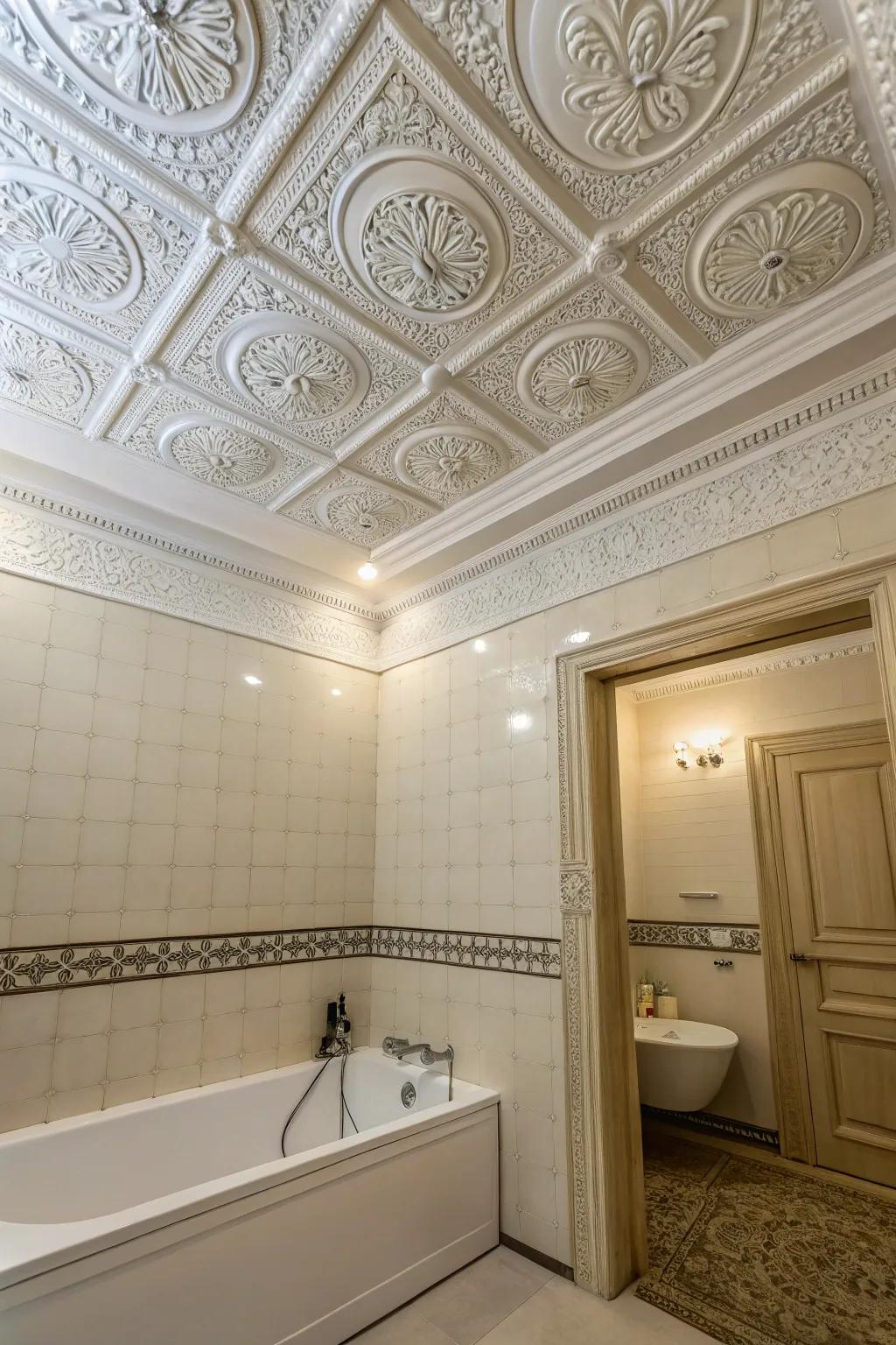 Elaborate ceiling trim creates a surprising, delightful focal point.