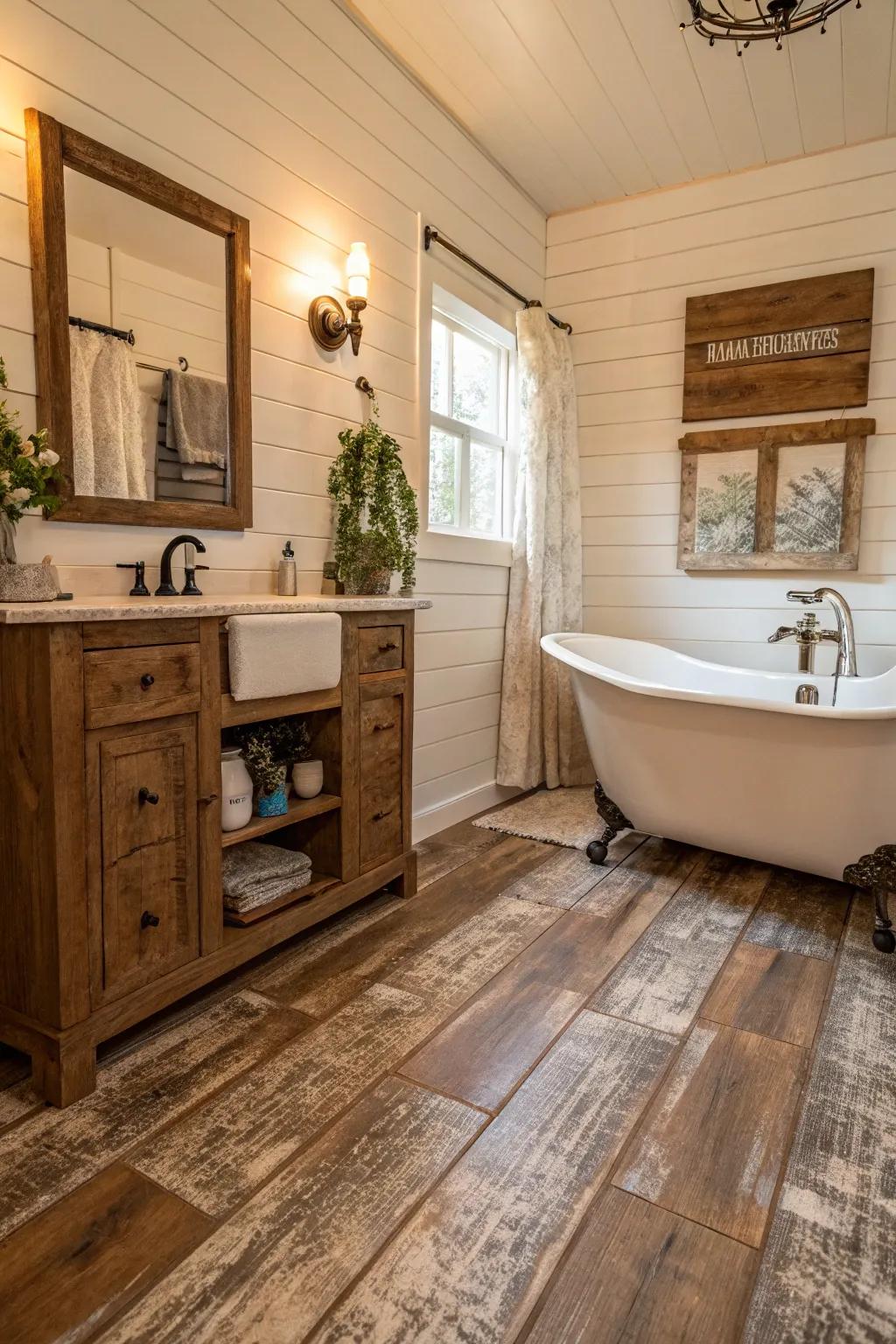 Distressed wood-look <strong><em>plastic-based floors</em></strong> includes rustic appeal to this country-inspired restroom.” loading=”lazy” class=”pimg”>
	</picture><figcaption>Distressed wood-look <strong><em>plastic-based floors</em></strong> includes rustic appeal to this country-inspired restroom.</figcaption></figure>
<p>Provide your restroom a rustic feeling with <strong><em>plastic-based floors</em></strong> that appears like distressed wood. It’s a charming touch for a country-inspired appearance.</p>
<h3>A few things you might like:</h3>
<ul class=