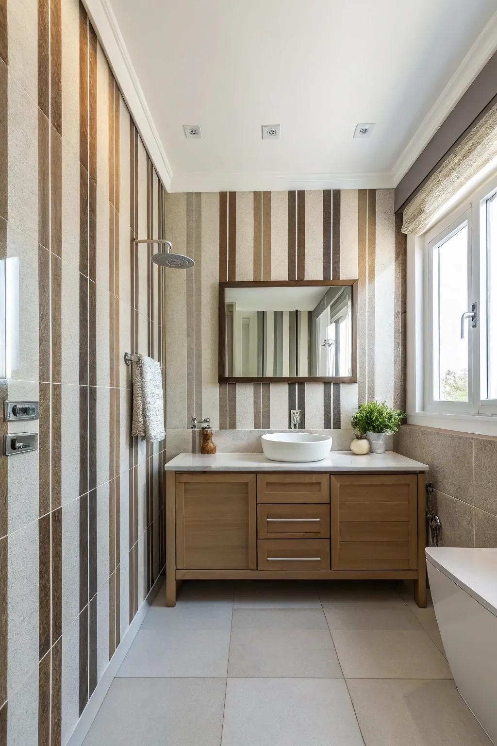 Vertical designs add height and dimension to bathroom walls.