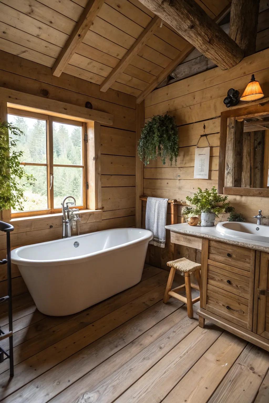 A rustic bathroom with a charming lumber touch.