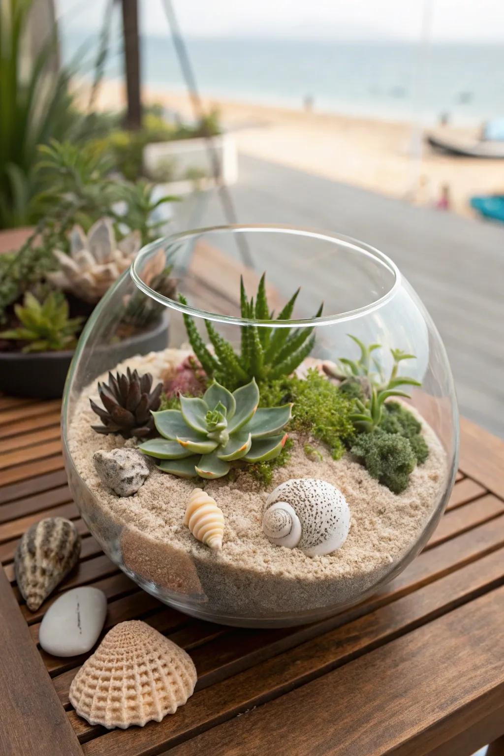 Unite greenery with coastal components in a sandy planter.