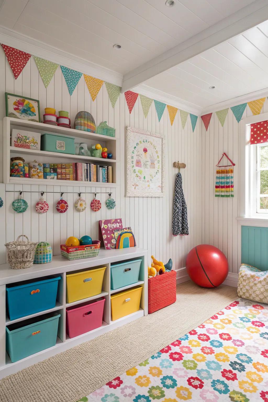 Vibrant grooved paneling provides a fun feel to child's quarters.