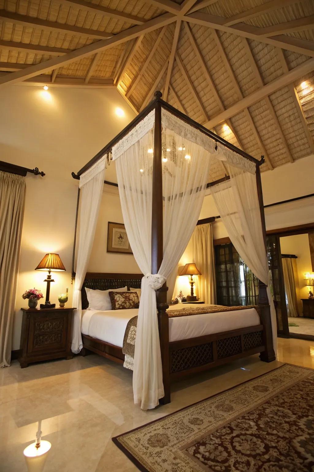 Soaring ceilings and tall beds fashion spectacular center points.