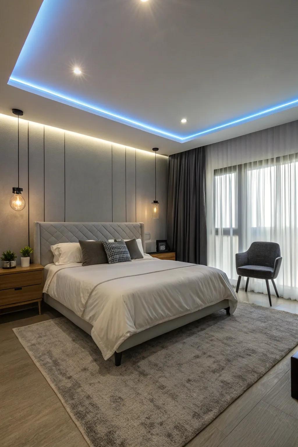 LED strip lighting creates a modern glow.