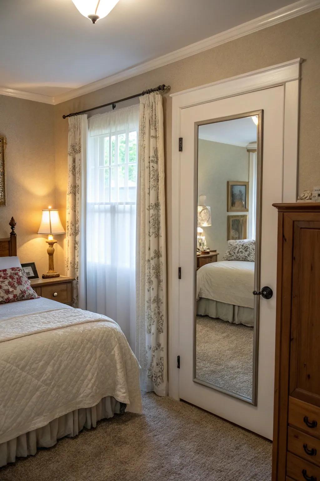 A cleverly placed hidden mirror located behind a bedroom door that maximizes space.