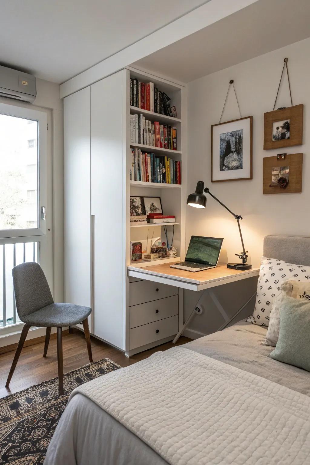 Create a flexible workspace in your bedroom using a fold-down desk.