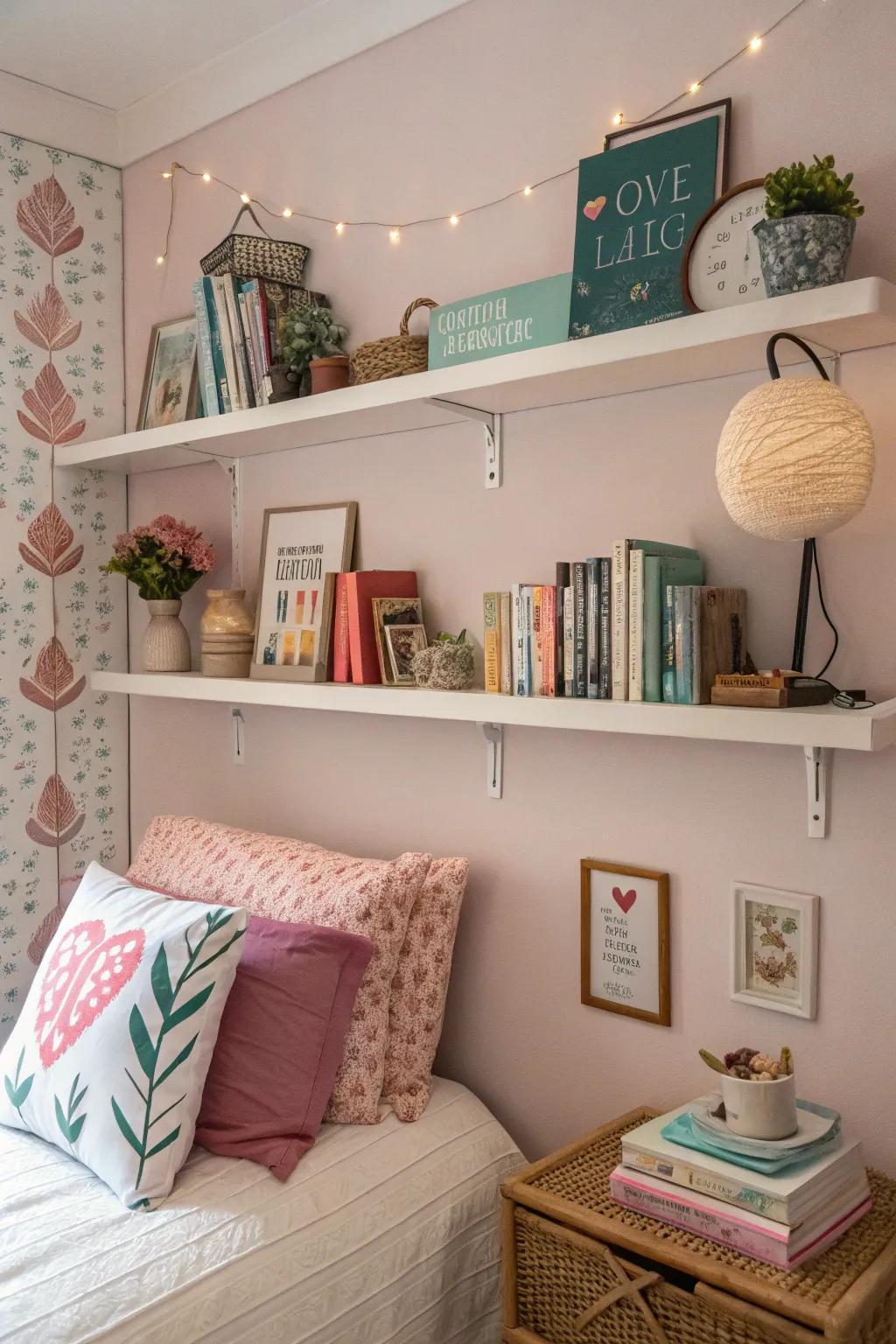 A bedroom with shelves that float on the wall.