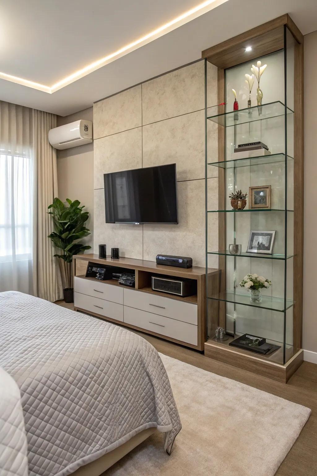 Glass shelves add a modern, sleek touch.