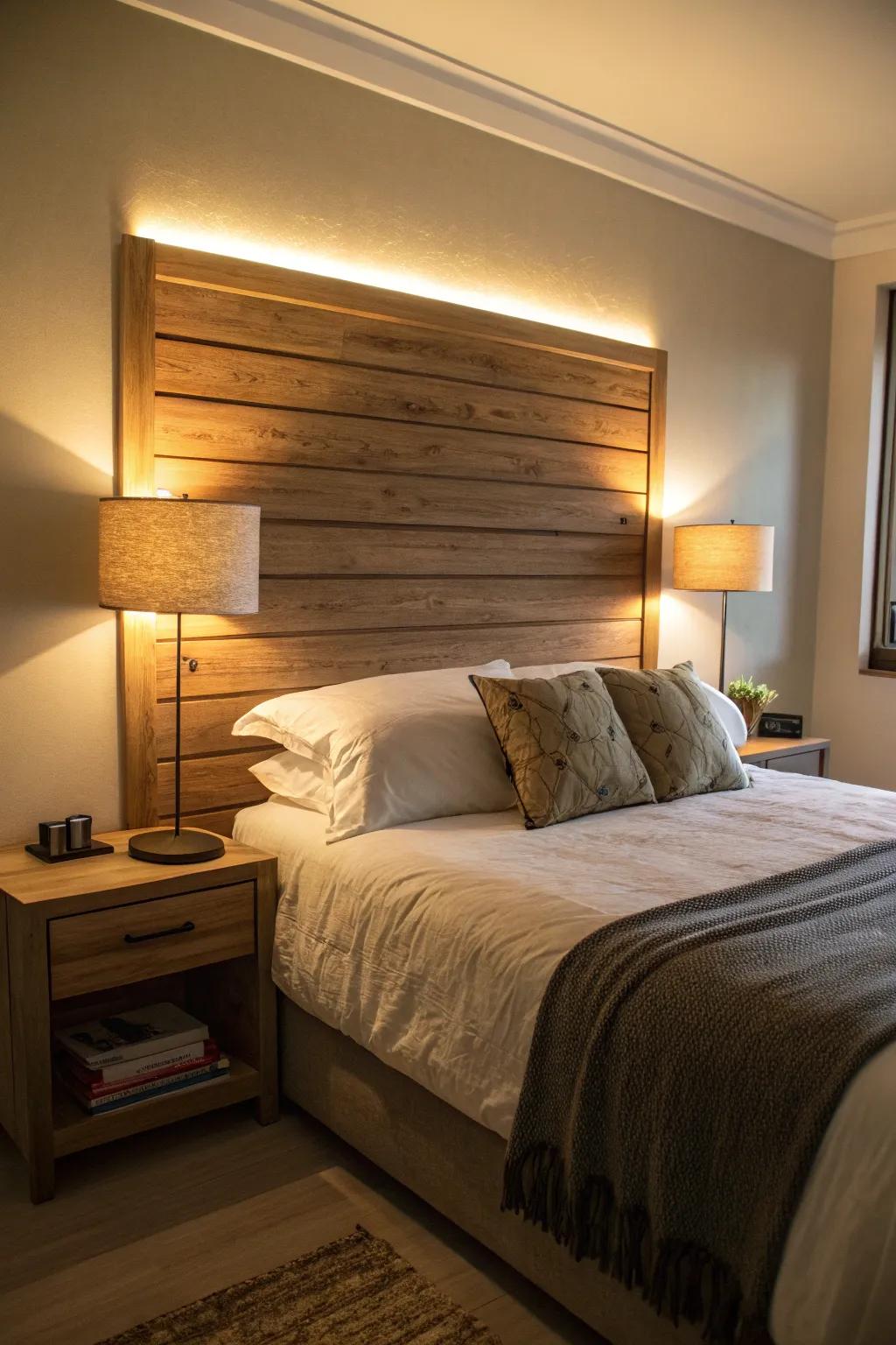Backlit headboards add drama and comfort to bedroom settings.