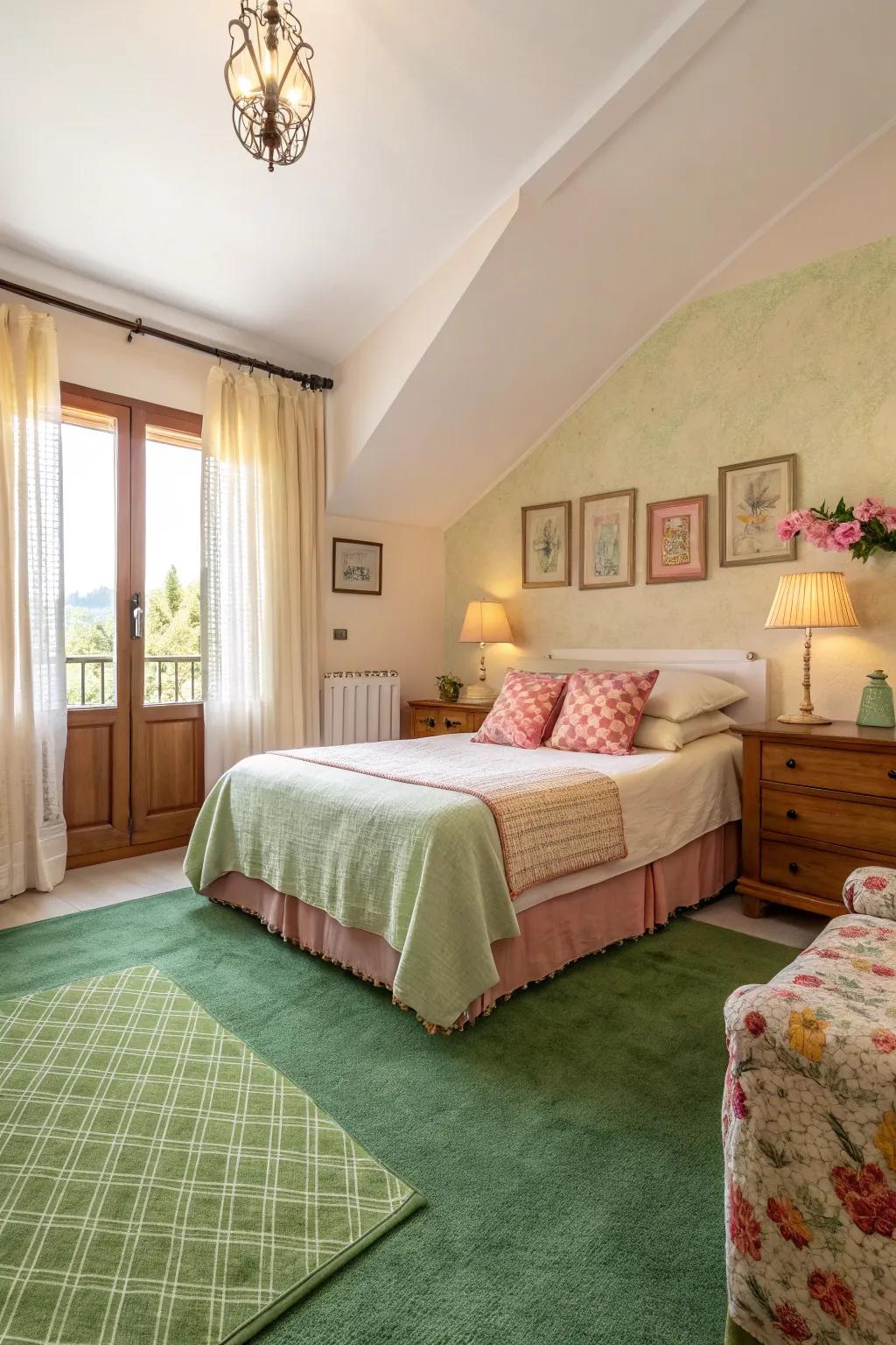 Matching tones create a harmonious balance with the emerald floor covering.