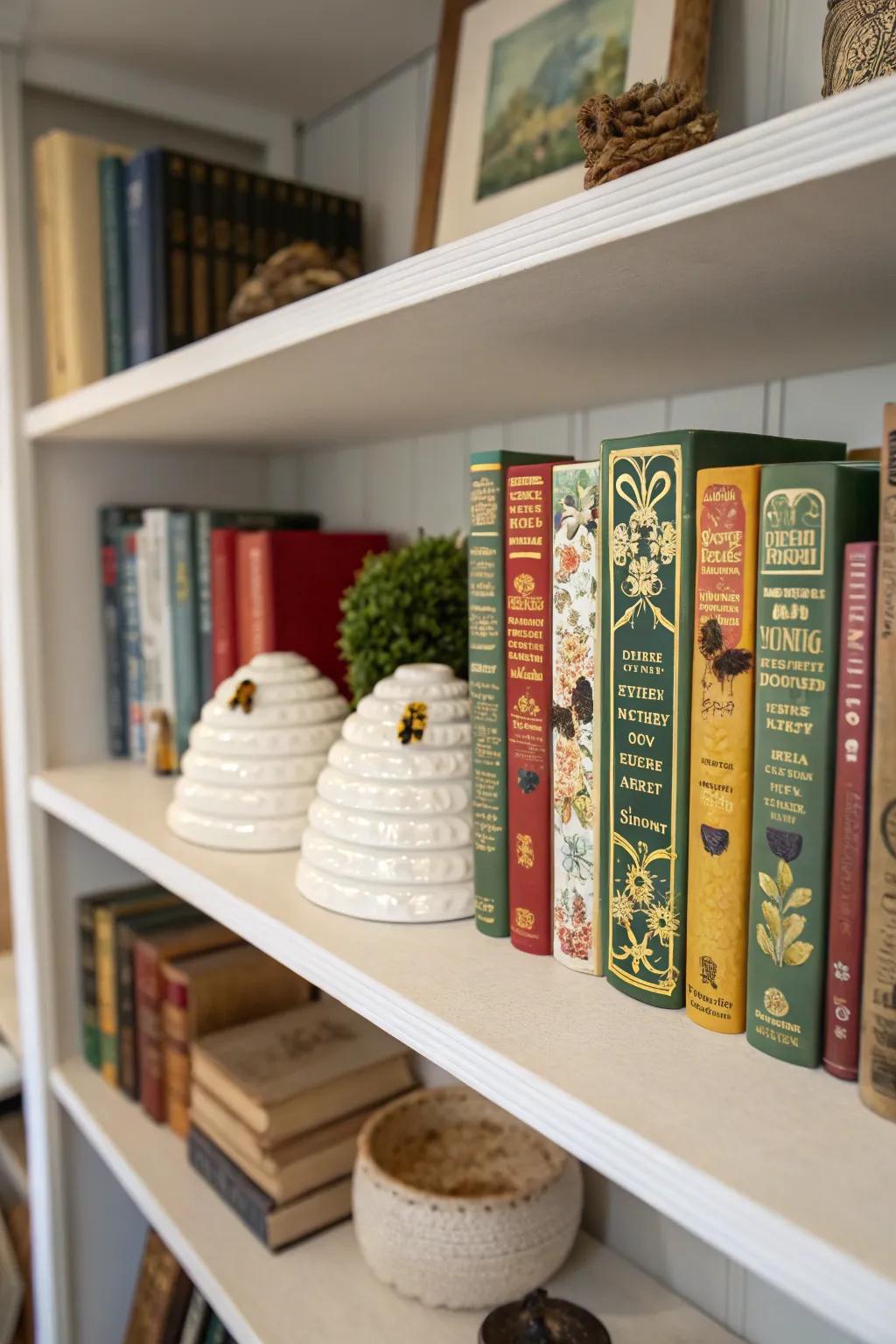 Honeycomb carvings infuse thematic allure to your shelves.