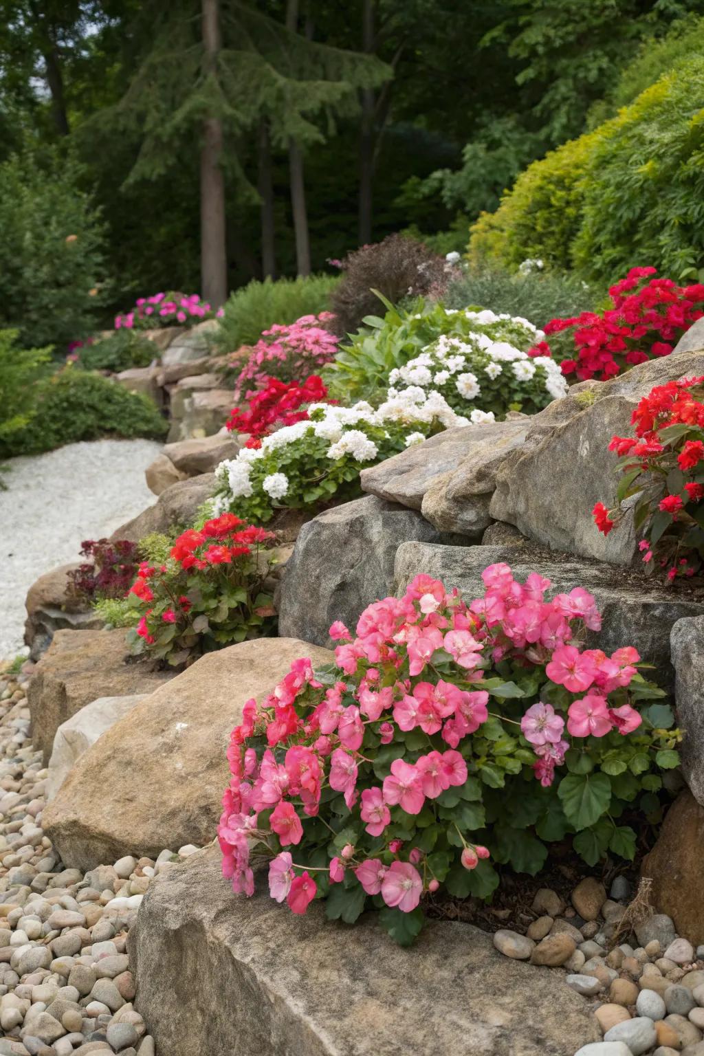 Begonias bring striking color to rock gardens.