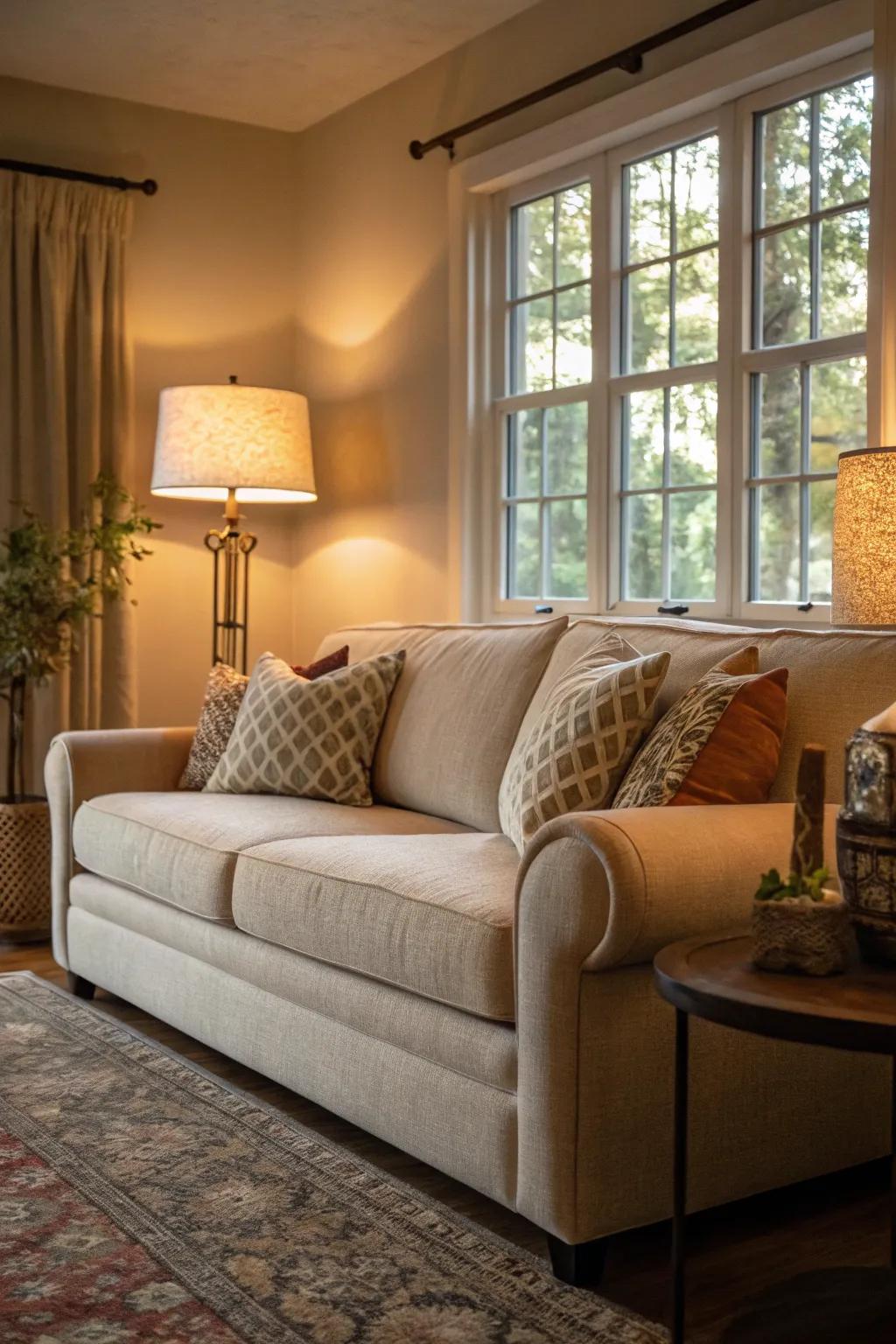 Warm background illumination envelops a living room with a sand-toned sofa.