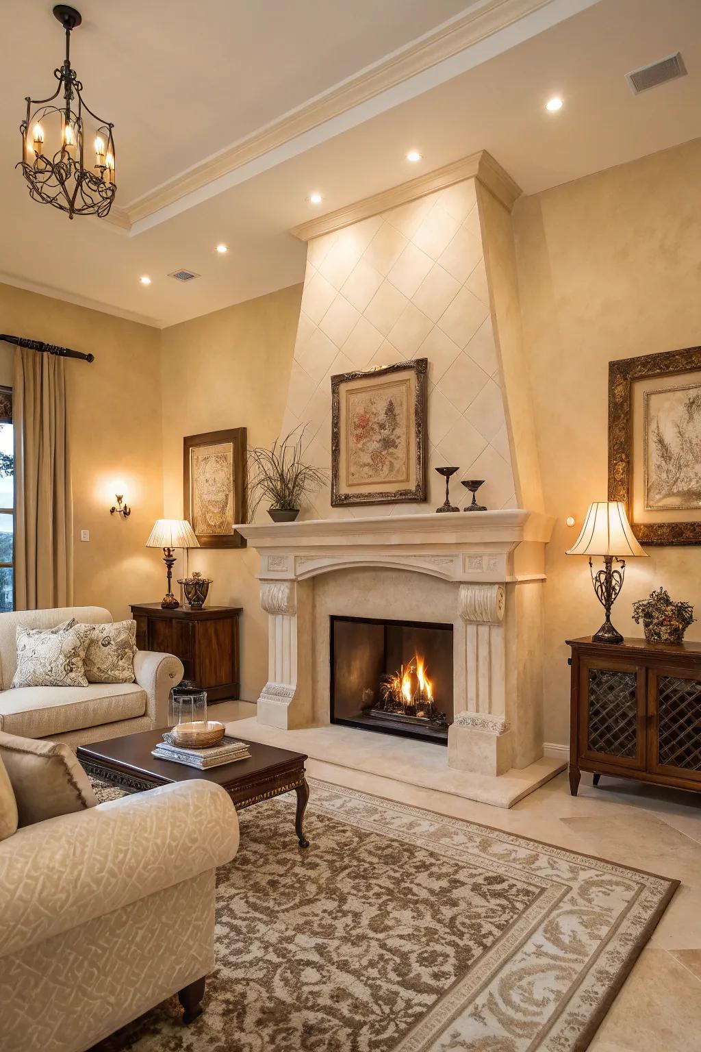 A beige fireplace acts as a cozy point of focus.