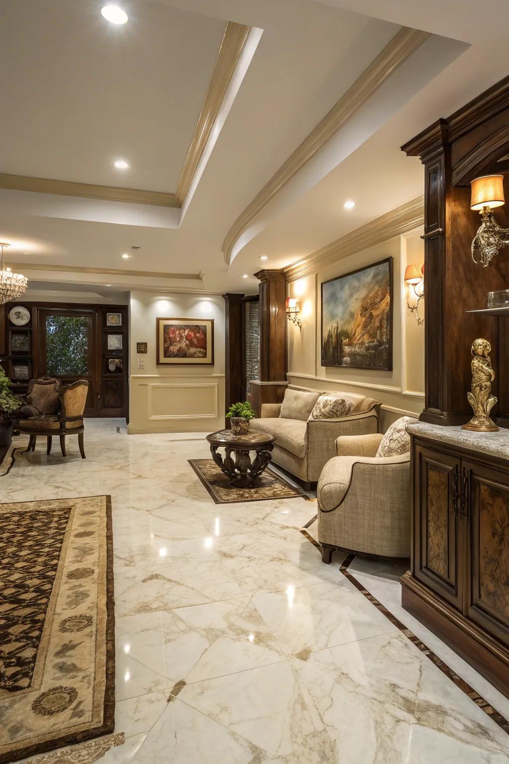 Stone effect tiles bring a touch of luxury to basement rooms.