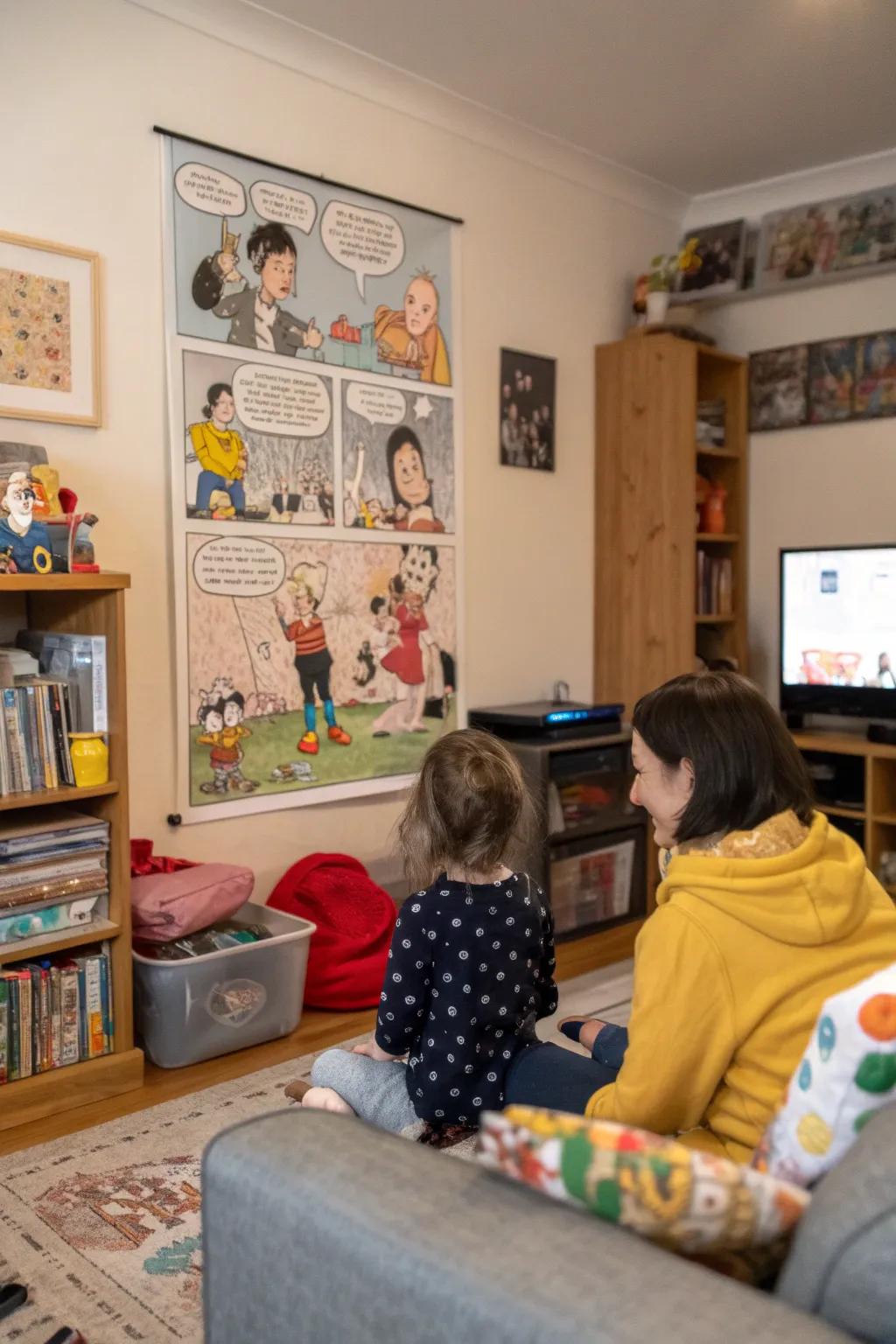 A comic fragment collage capturing a humorous friendship moment within a family room.