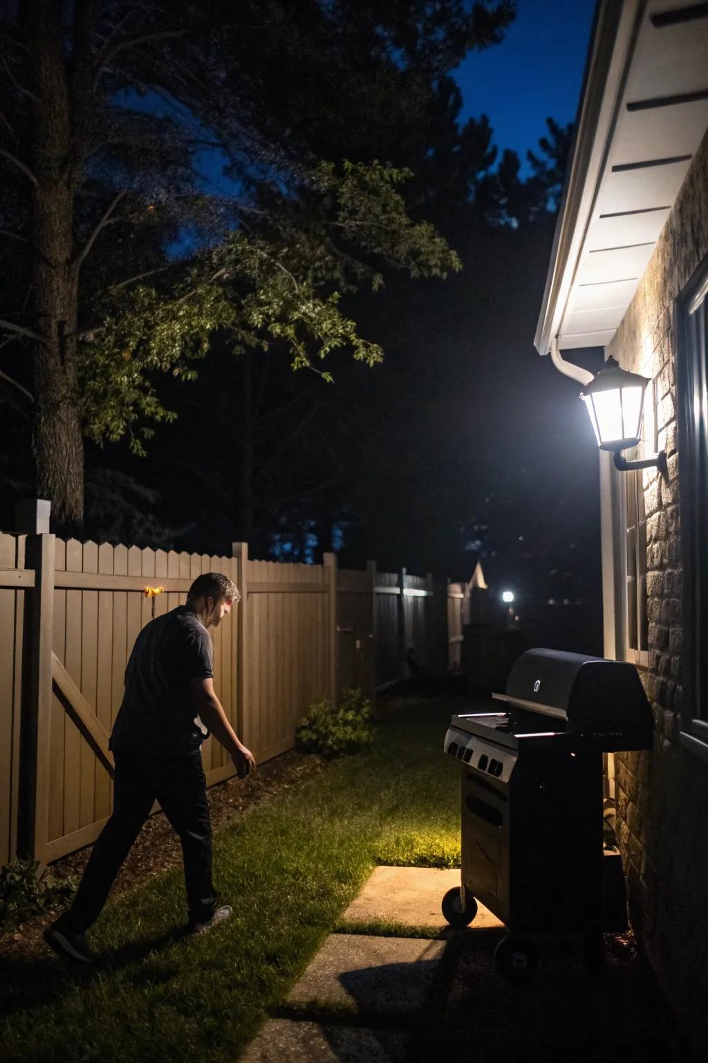 Motion sensor lamps provide convenience and security for grilling.